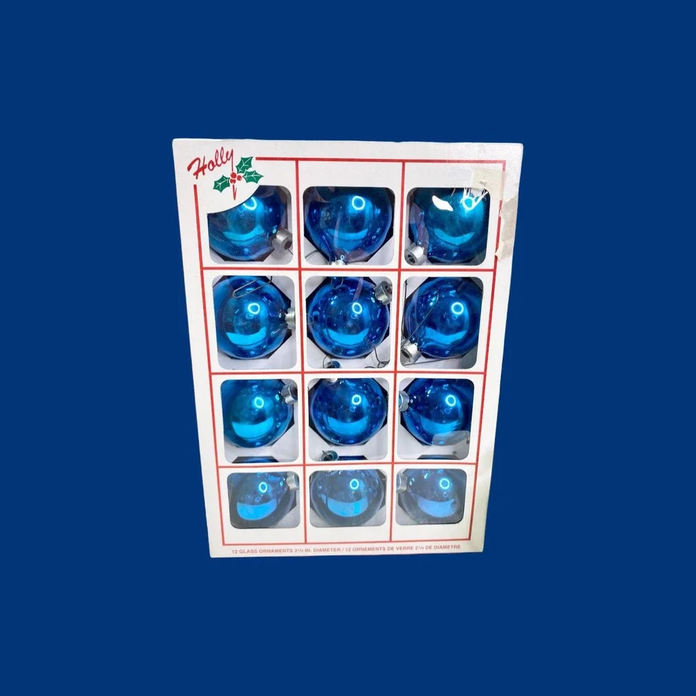 Vintage Sapphire Blue Glass Christmas Ornaments, Set of 12